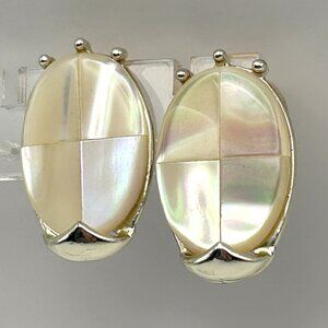 Vintage Marhill Mother of Pearl Clip On Earrings Oval Cabochon Gold Tone Signed